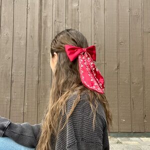 Oversized Red Satin Hair Bow | Embroidered Ribbon | Statement Hair Clip